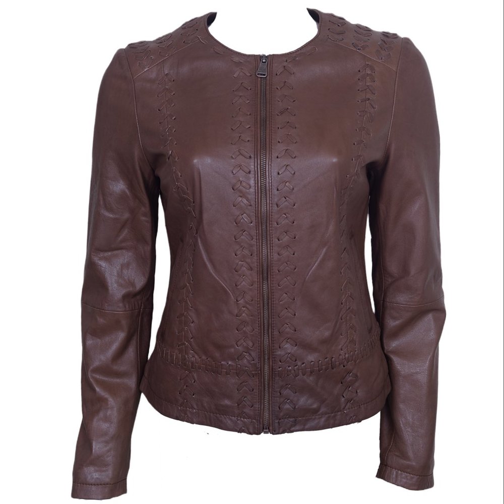 Women's Leather Racer Jacket with Embroidery